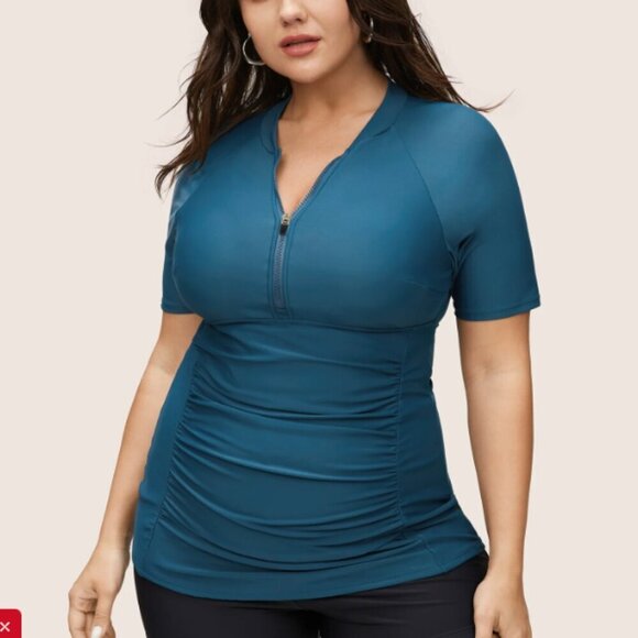 BloomChic Zipper Raglan Sleeve Ruched Swim Top - Picture 2 of 3